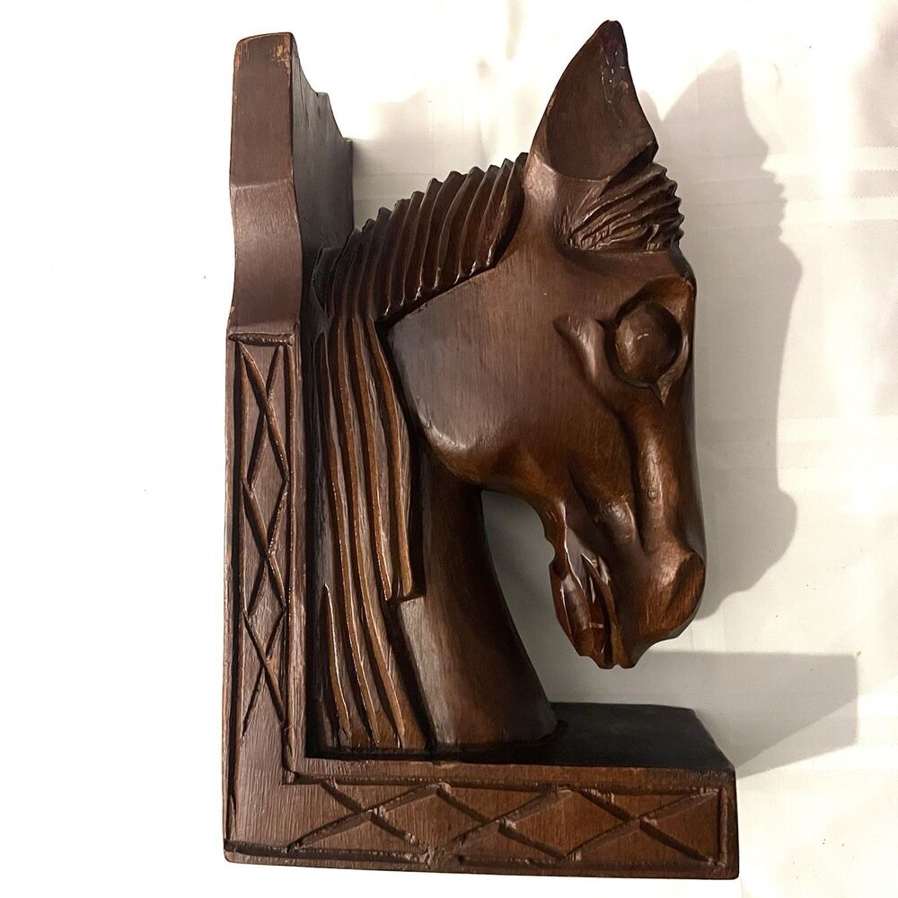 VTG Hand Carved Wood Horse Head Bookends Western Rustic Decor Cowboy Equestrian - Picture 7 of 9